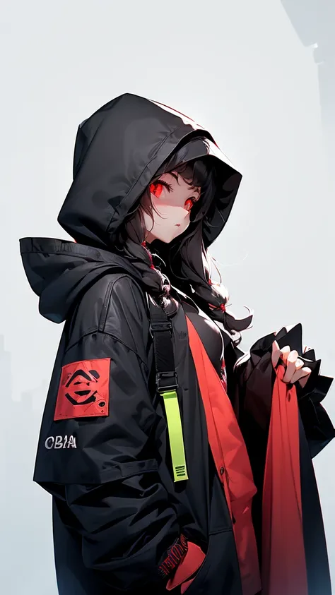 girl in a black hood with red eyes on the background of the word (BIAA)