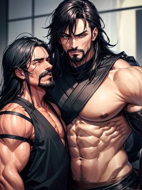 Two men. one, a samurai in black armor, muscular, and goatee. the other, a tramp, medical expert, muscular y de aspecto descuidado. Both having a rivalry between them. 