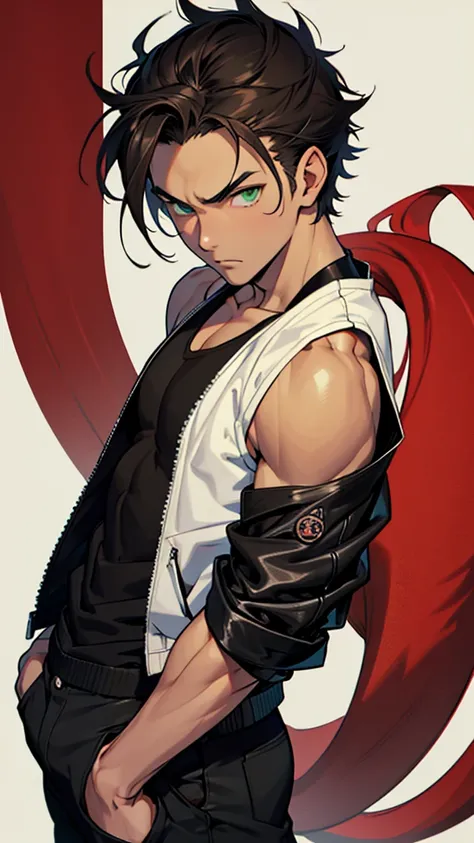 17 year old boy, 1.60 cm tall, dark green eyes, long dark brown hair, slim and muscular  , Tokyo revengers style and  long face, fighter  
Anime, dressed in a white tank top and long black trousers and a black leather jacket with Japanese symbols  