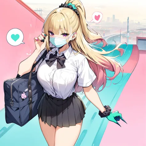 (masterpiece, Highest quality:1.2), ＪＫ,Huge ,One girl,Aqua Nail,bag,Black bow tie,Black nails,Blonde,Blue Claws,chest,Slope,Slope background,Green Claws,hair Scrunchie,heart,mask,mouth mask,Multicolored nails,Manicure,Pink Nails,Purple Nails,school bag,,Sc...