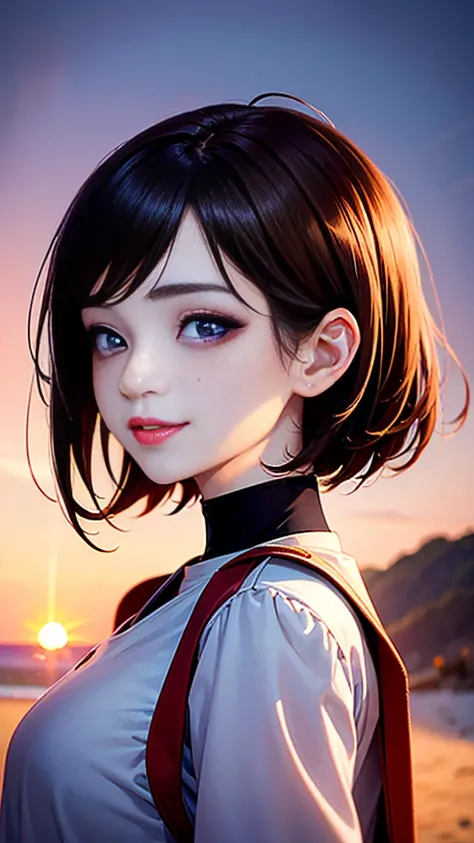 1 Girl, 23 years old, south korea, masterpiece, Perfect Face, Soft Skin, Freckles under the eyes, Short brown hair, Beaver, Glowing purple eyes, Red eyeliner, Red lips, smile, Mouth closed, Natural Makeup, White top, sunset, Soft lighting, close.
