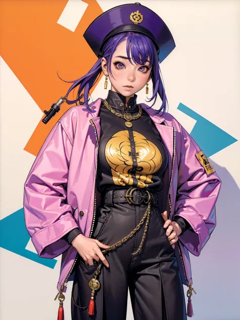 (((best qualityer))), (((absurdres))), (((1girl))), (((Urban girl))), a beautiful girl with colorful hair wearing ultra modern clothes with kanji printed on her nylon jacket with diamond-shaped stitching, bright and contrasting colors, Hip-hop style low-wa...