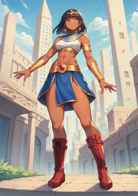 masters of the universe. detailed style. athletic egyptian woman with straight black hair. she wears a top, blue skirt, bare bel...