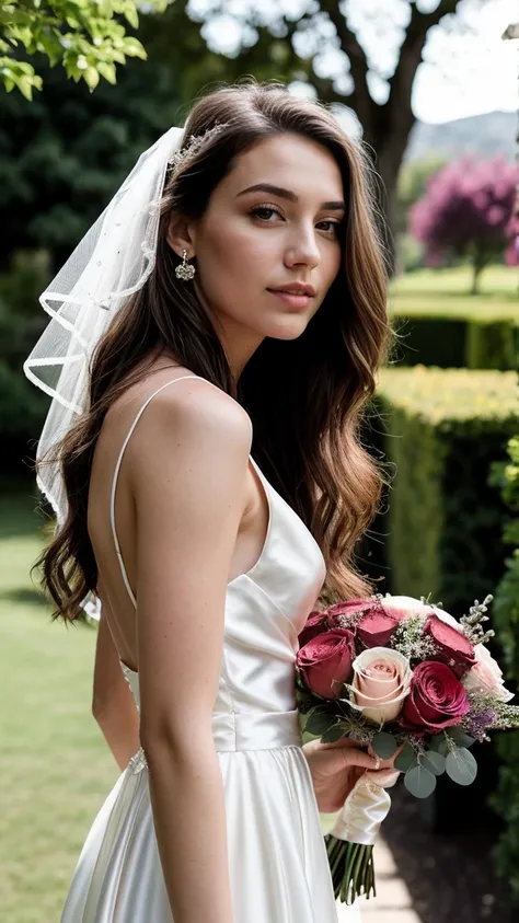 half body shot, wedding dress, holding the wedding bouquet, lilac and white bouquet, A 23 year old brunette woman, ((large)), detailed face, perfect face, detailed eyes, perfect eyes, ((hyper realism)),. Hair with light brown roots. blond hair, Hair with b...