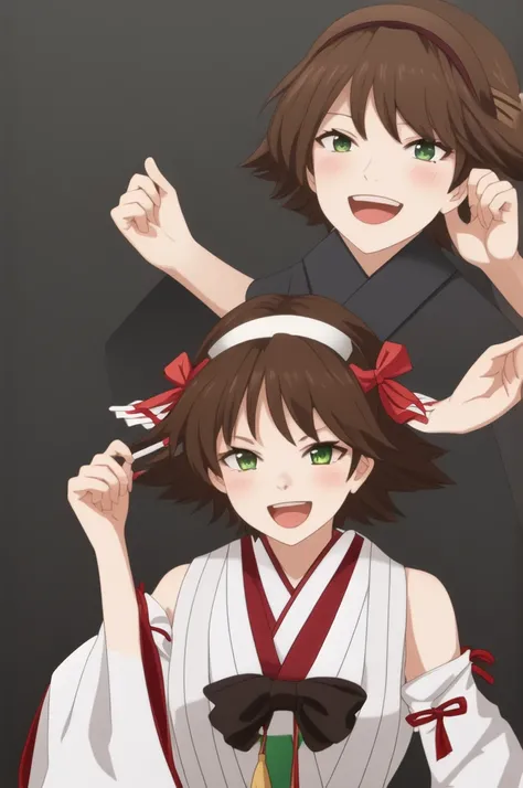 Highest quality, masterpiece, High resolution, 一人in, {Mount Hiei_Fleet Collection:1.15}, brown_hair, short_hair, hairband, headgear, Non-traditional_Shrine maiden, smile, green_eye, Inverted up_hair, Open_mouth, One girl, independent_sleeve, Japanese_Cloth...