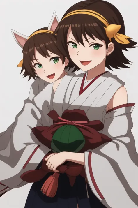 Highest quality, masterpiece, High resolution, 一人in, {Mount Hiei_Fleet Collection:1.15}, brown_hair, short_hair, hairband, headgear, Non-traditional_Shrine maiden, smile, green_eye, Inverted up_hair, Open_mouth, One girl, independent_sleeve, Japanese_Cloth...