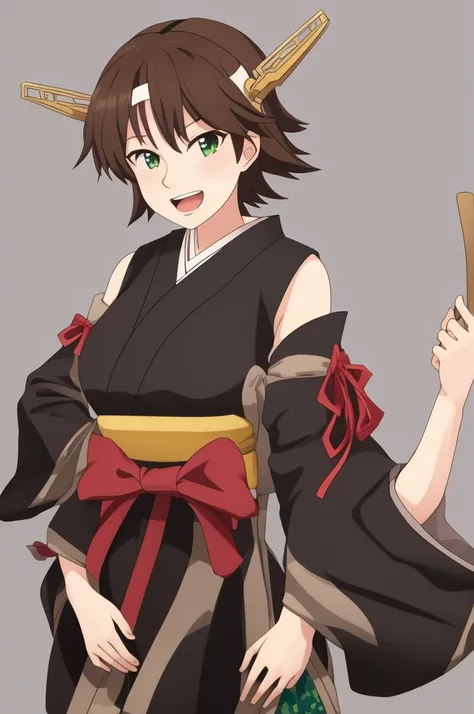 Highest quality, masterpiece, High resolution, 一人in, {Mount Hiei_Fleet Collection:1.15}, brown_hair, short_hair, hairband, headgear, Non-traditional_Shrine maiden, smile, green_eye, Inverted up_hair, Open_mouth, One girl, independent_sleeve, Japanese_Cloth...