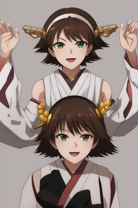 Highest quality, masterpiece, High resolution, 一人in, {Mount Hiei_Fleet Collection:1.15}, brown_hair, short_hair, hairband, headgear, Non-traditional_Shrine maiden, smile, green_eye, Inverted up_hair, Open_mouth, One girl, independent_sleeve, Japanese_Cloth...