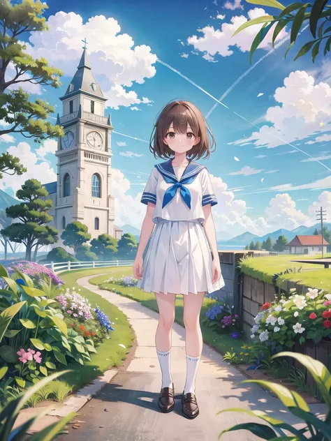 (masterpiece), Cowboy Shot, town, blue sky, One girl, smile, alone, Sailor suit, Brown Hair, cloud, cloudy sky, Day, Outdoor, Overgrown, petal, plant, scenery, shoes, Are standing