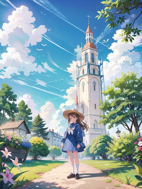 (masterpiece), Cowboy Shot, town, blue sky, One girl, smile, alone, Sailor suit, Brown Hair, cloud, cloudy sky, Day, Outdoor, Overgrown, petal, plant, scenery, shoes, Are standing