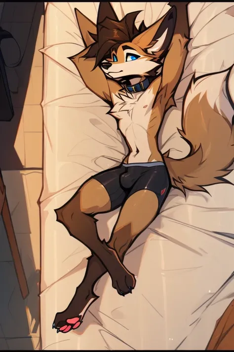 furry, anthro, fennec fox, fluffy pointed fennec fox ears, fluffy fennec fox tail, desert and white colored fur, messy fur, neck floof, fluffy mohawk, hair same colour as fur, sharp light blue eyes, slim body, handsome, sexy, slender, tall, wearing a black...