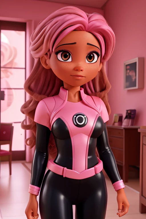 Kizi, pink haired, light pink eyes, dc, call the court, 3d, traje da heroin rosa, heroin, troop two lenses, darken the skin, brown skin, pele do brunette body, brunette body, black body