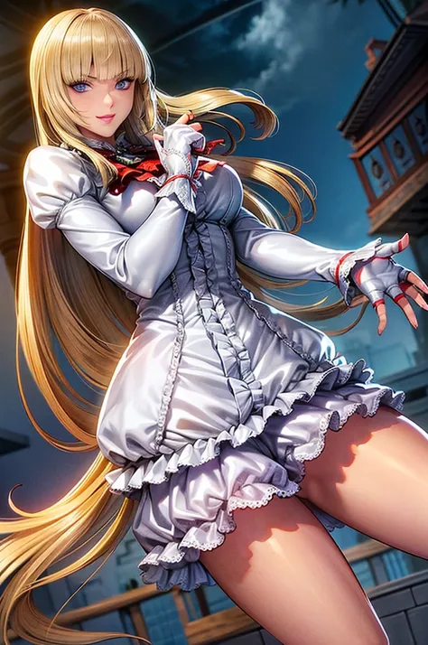 perfect eyes:1.2, detailed eyes:1.4, Emilie T8, blunt bangs, blue eyes, long hair, blonde hair, thighhighs, lace-up boots, pink frilled dress, frilled ascot, fingerless gloves, smile, red eyeshadow:1.2, makeup:1.2, cowboy shot, 1girl, solo, (masterpiece:1....