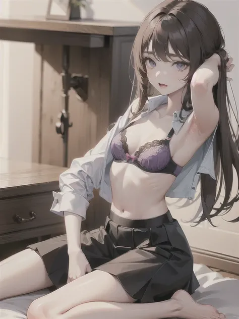 good girl, young skinny body, white shirt, black skirt, purple panties, unbuttoned shirt, bra loose, small , long hair, dark hair, shy, armpit, kneeling