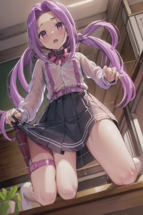 One girl,  High resolution, masterpiece, Use of bright colors、 Ana , Seraphim, (Pink Hair:0.6), (Purple Hair:0.7), Braided Ponytail, Small breasts,、(classroom),blush、 (child), (Long sleeve,see-through),(skirt lift),(kneeling on desk),(fear),(Ecstasy)、pussy...