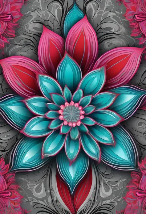 Red and pink flower with fully gray leaves and stem, the background has a blue and teal wallpaper inspired by phosphenes and intense patterned visionary psychedelic kaleidoscopic art