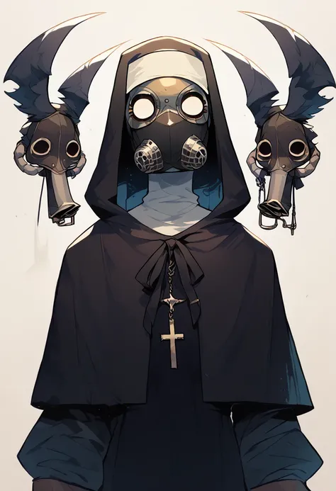 Plague doctor, 1 girl, standing alone, hooded cloak, mask, mitts, with no face, Plague doctor mask, Cao Cao, (nun clothes)