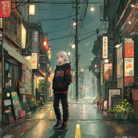 (masterpiece、Highest quality、Highest quality、Official Art、Beautiful and aesthetic:1.2)、Near future、Blade runner、Slum Street、Late at night、Lo-fi Hip Hop、Cafe with small lights、Residential Street、silence、It&#39;s raining a little、人いない景色アニメ background, アニメ wa...