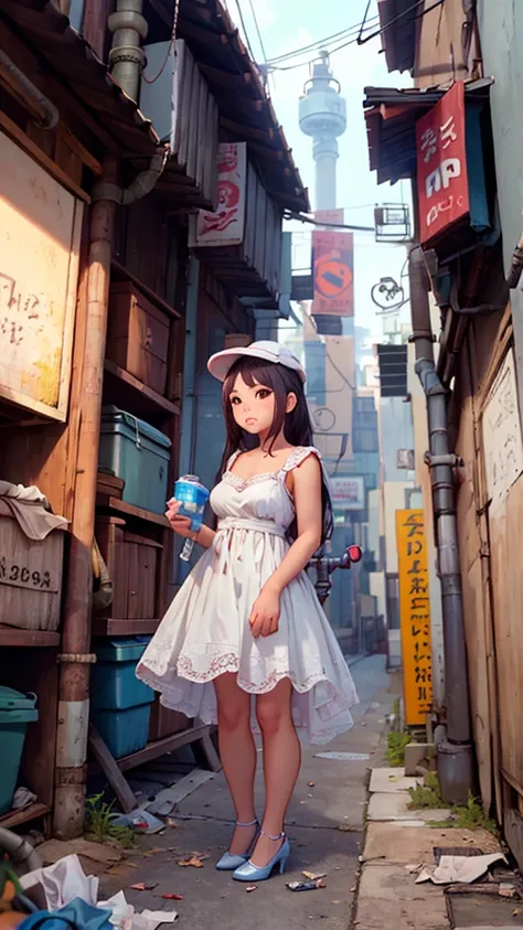 ((Masterpiece, Best Quality)),a woman, Alone, dress, standing, halo, alley, outdoor, hits, white dress, by white, wide, black shoes, industrial pipe, looking at the viewer, air-conditioning,dark lighting, garbage, garbage bin, hxh2011 