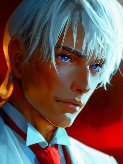 ((masterpiece)), ((best quality)), (from front, facing front:1.32), (close-up:1.36), (half-body shot:1.36), perfect anatomy, 1man solo, adult man, extremely long straight white hair, blue eyes, white suit, red tie, very weak smile, lighting from front