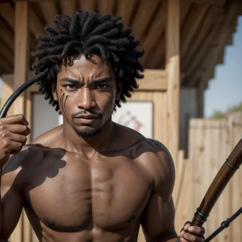 bust of black man with afro hair, some scars on the face, Expression of vengeance, holding a berimbau