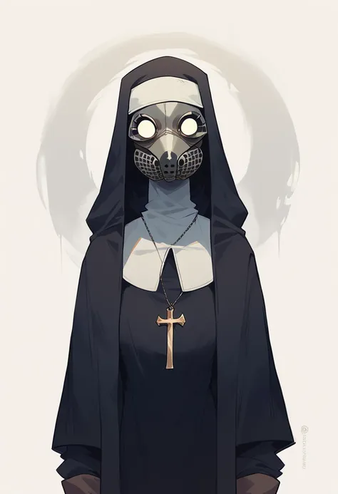 plague doctor, 1 girl, standing alone, hooded cloak, mask, mitts, with no face, plague doctor mask, cao cao, (nun clothes)