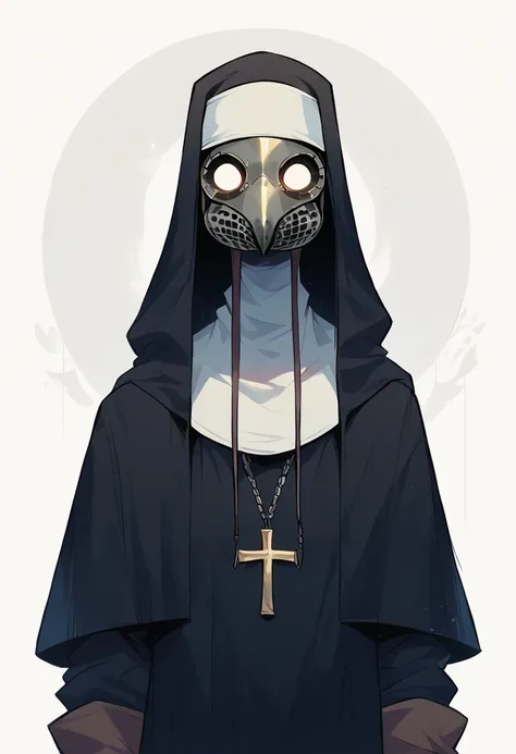 plague doctor, 1 girl, standing alone, hooded cloak, mask, mitts, with no face, plague doctor mask, cao cao, (nun clothes)