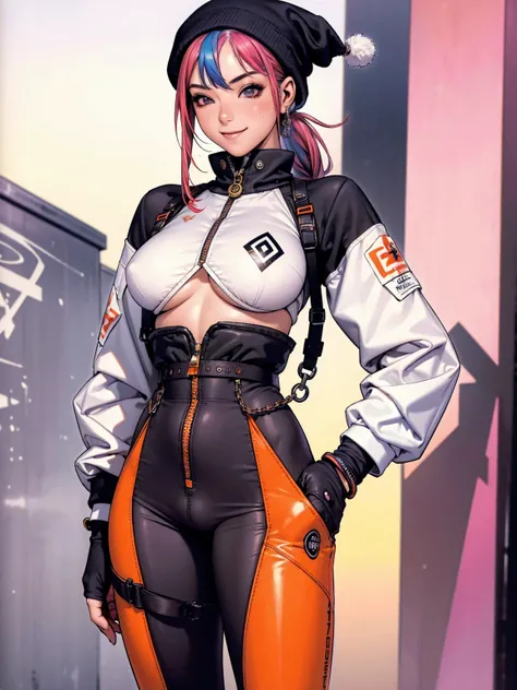 (((best qualityer))), (((absurdres))), (((1girl))), (((Urban girl))), (((malicious smile))), a beautiful and sexy girl with multi-colored hair wearing ultra modern clothes with kanjis printed on her nylon jacket with diamond-shaped stitching, (((slim with ...