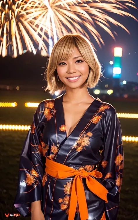 gyaru, dark-skinned, shiny oiled skin, blond hair, short cut hair, smiling, wearing japanese yukata, standing , dark-night, deep fog, orange rantan light, Fireworks Festival Venue, Fireworks in the background, cinematic lighting