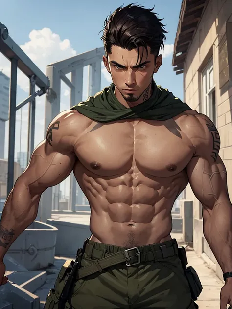 Tall Man, Delgado, strong and with well defined muscles, dark hair, very light skin with few tattoos, rough but sensual face, He wears an army soldier&#39;s uniform and no shirt.