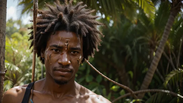 bust of african man with afro hair, some scars on the face, Expression of vengeance, holding a berimbau. emphasizing the berimbau