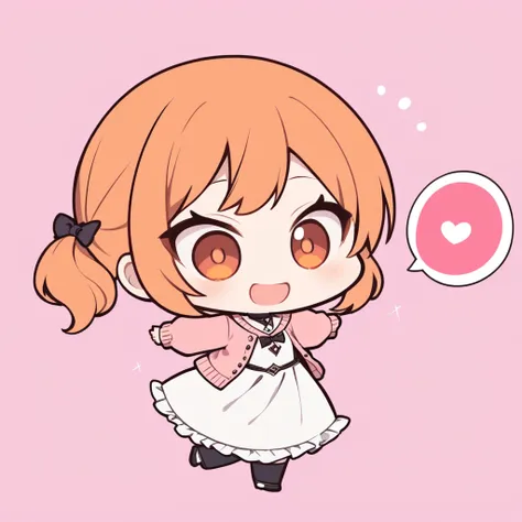 orange hair, orange eyes,girl,pigtails with the ends tied up,laugh, chibi, little witch, 1 woman,halterneck,white dress,pink car...