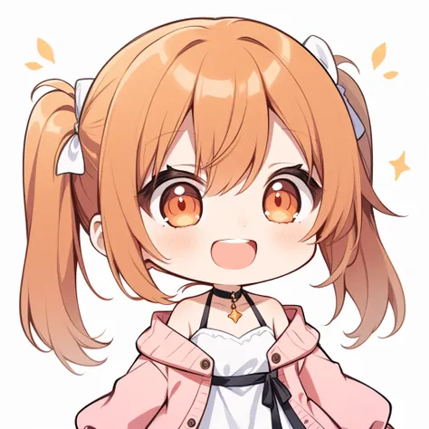 orange hair, orange eyes,girl,Pigtails with the ends tied up,laugh, chibi, little witch, 1 woman,halterneck,White dress,pink cardigan