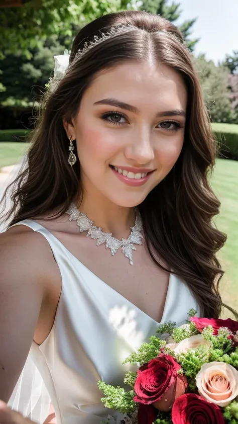 half body shot, wedding white dress princess, holding the wedding bouquet, lilac and white bouquet, A 23 year old brunette woman, skin brown, smile, ((large)), detailed face, perfect face, detailed eyes, perfect eyes, ((hyper realism)),. Hair with light br...