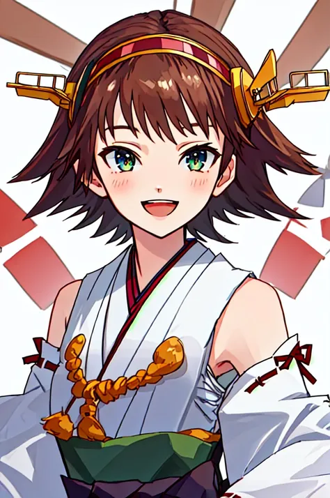 Highest quality, masterpiece, High resolution, 一人in, {Hiei_Fleet Collection:1.15}, brown_hair, short_hair, hairband, headgear, Non-traditional_Shrine maiden, smile, green_eye, Inverted up_hair, Open_mouth, One girl, independent_sleeve, Japanese_Clothes, Lo...