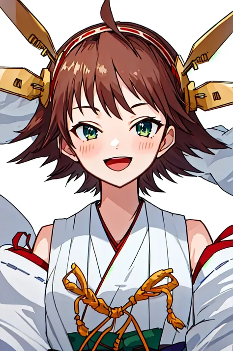 Highest quality, masterpiece, High resolution, 一人in, {Hiei_Fleet Collection:1.15}, brown_hair, short_hair, hairband, headgear, Non-traditional_Shrine maiden, smile, green_eye, Inverted up_hair, Open_mouth, One girl, independent_sleeve, Japanese_Clothes, Lo...