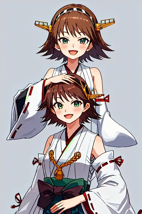 Highest quality, masterpiece, High resolution, 一人in, {Hiei_Fleet Collection:1.15}, brown_hair, short_hair, hairband, headgear, Non-traditional_Shrine maiden, smile, green_eye, Inverted up_hair, Open_mouth, One girl, independent_sleeve, Japanese_Clothes, Lo...