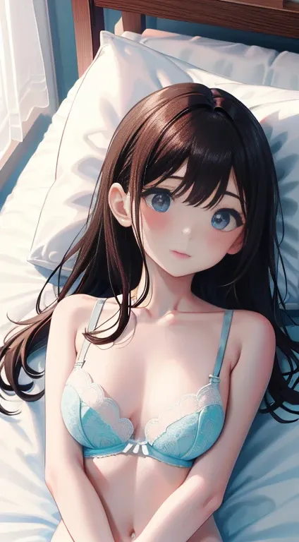 Highest quality、Bedroom、Girl lying on bed in underwear、Kamimei　Sexy bra in light blue　Lace panties、Before sex、whole body、Shyness　Long dark brown hair　Big ample breasts　Poses that accentuate the chest　cute　White shirt