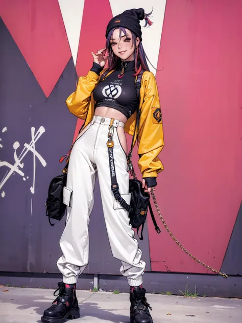 (((best qualityer))), (((absurdres))), (((1girl))), (((Urban girl))), (((malicious smile))), a beautiful and sexy girl with multi-colored hair wearing ultra modern clothes with kanjis printed on her nylon jacket with diamond-shaped stitching, (((slim with ...