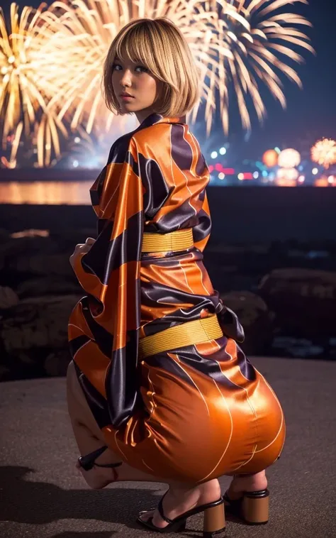 ass, gyaru, dark-skinned, shiny oiled skin, blond hair, short cut hair, wearing japanese yukata, squatting, full body shot, dark-night, deep fog, orange rantan light, Fireworks Festival Venue, Fireworks in the background, cinematic lighting