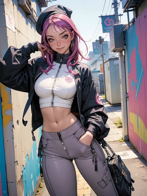 (((best qualityer))), (((absurdres))), (((1girl))), (((Urban girl))), (((malicious smile))), a beautiful and sexy girl with multi-colored hair wearing ultra modern clothes with kanjis printed on her nylon jacket with diamond-shaped stitching, (((slim with ...