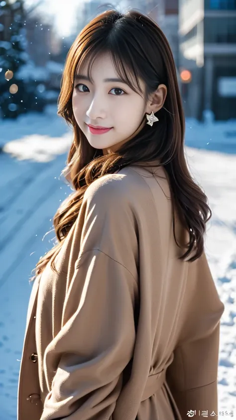 realistic photos odebt (1 cute korean star) shoulder-length hair, light makeup, middle breast size, wearing a coat, in the snow,...