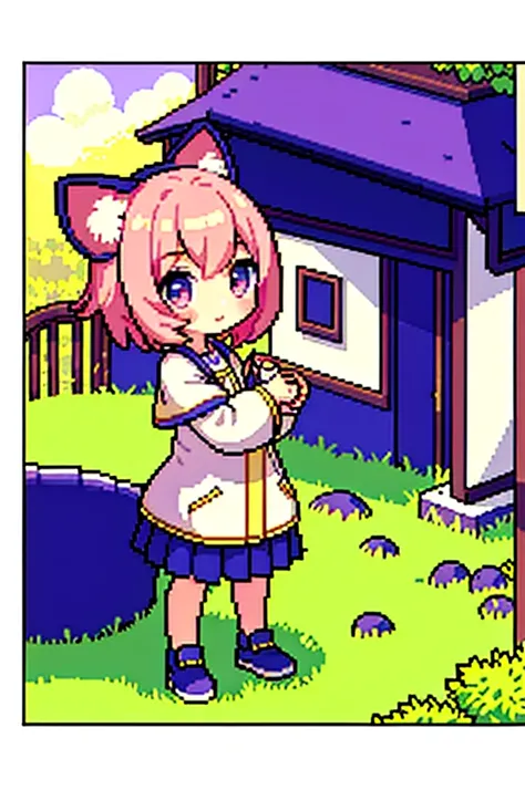 （tmasterpiece，top-quality，best qualityer），pix，pixelart，1girll，Pink Hair, Purple eyes, light purple cute hat, cat ears, playing mobile, cat girl, cute casual outfits，full bodyesbian