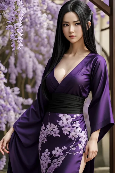 Naruto Shippuden screencap of a female with straight long black hair, white skin color, light purple eyes, heart face shape, perfect body. She is elegant, gentle lady, wearing yukata in purple color with wisteria pattern, black shoes, fantasy art, beautifu...