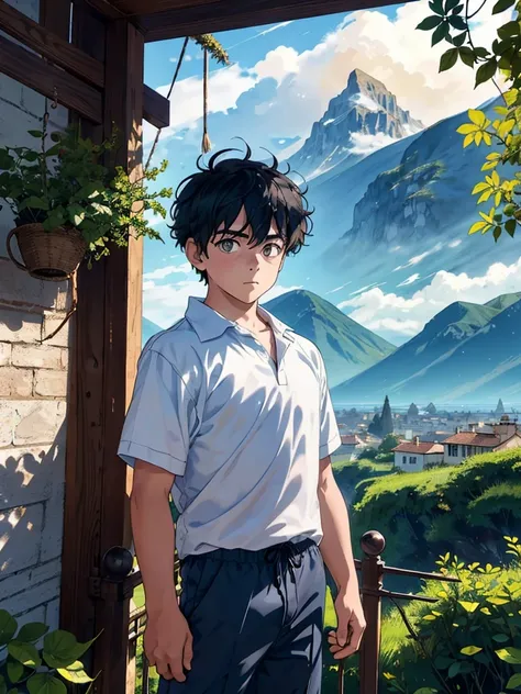 A young-looking boy is standing in the foreground, looking straight ahead and a serene expression on his face. Behind him, Majestic mountains covered in lush vegetation rise. The sky is filled with the warm colors of the sunset, creating a magical and tran...