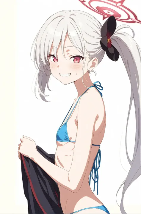 best quality, very aesthetic, absurdres, (1girl, mutsuki, blue archive, solo, red eyes, white hair, side ponytail), (realistic face:0.9),(string bikini:1.8),dress lift, (grin, blush, thigh:1.3), (cowboy shot), (glowing eyes), (half closed eyes:0.9), (from ...