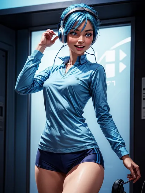 a woman with blue hair, fair skin, blue eyes, wearing a blue long-sleeve shirt, blue headphones, strong legs. expression of joy, happiness, dynamic pose.