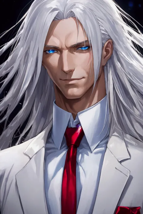 ((masterpiece)), ((best quality)), (from front, facing front:1.32), (close-up:1.2), (half-body shot:1.36), perfect anatomy, 1man, solo,  extremely long straight white hair, blue eyes, white suit, red tie, weak smile, lighting from front