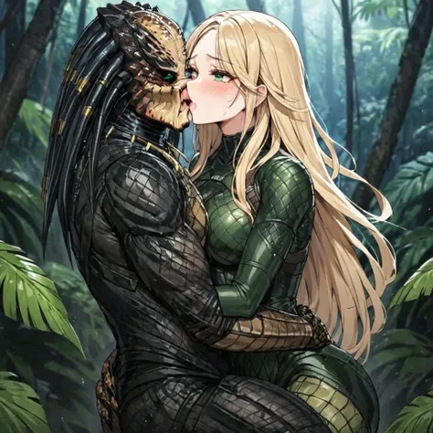 ((Highest quality)), ((masterpiece)), (detailed), （Perfect Face）、The woman is Tiare, a female predator with green eyes and medium-long blonde hair, wearing a black predator bodysuit.、In the jungle, she is having sex with a predator while hugging and kissin...