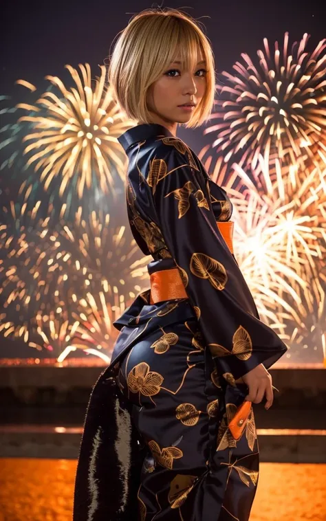 ass, gyaru, dark-skinned, shiny oiled skin, blond hair, short cut hair, wearing japanese yukata, standing, dark-night, deep fog, orange rantan light, Fireworks Festival Venue, Fireworks in the background, cinematic lighting